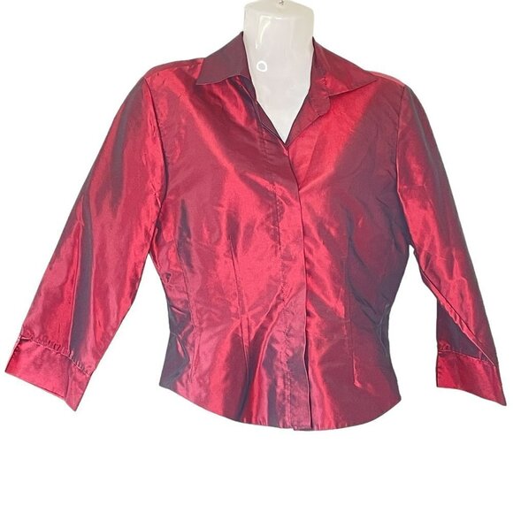 Sylvia Heisel Vintage Shot Silk Blouse Burgundy and Black Fitted Button Down   4 - Picture 1 of 9